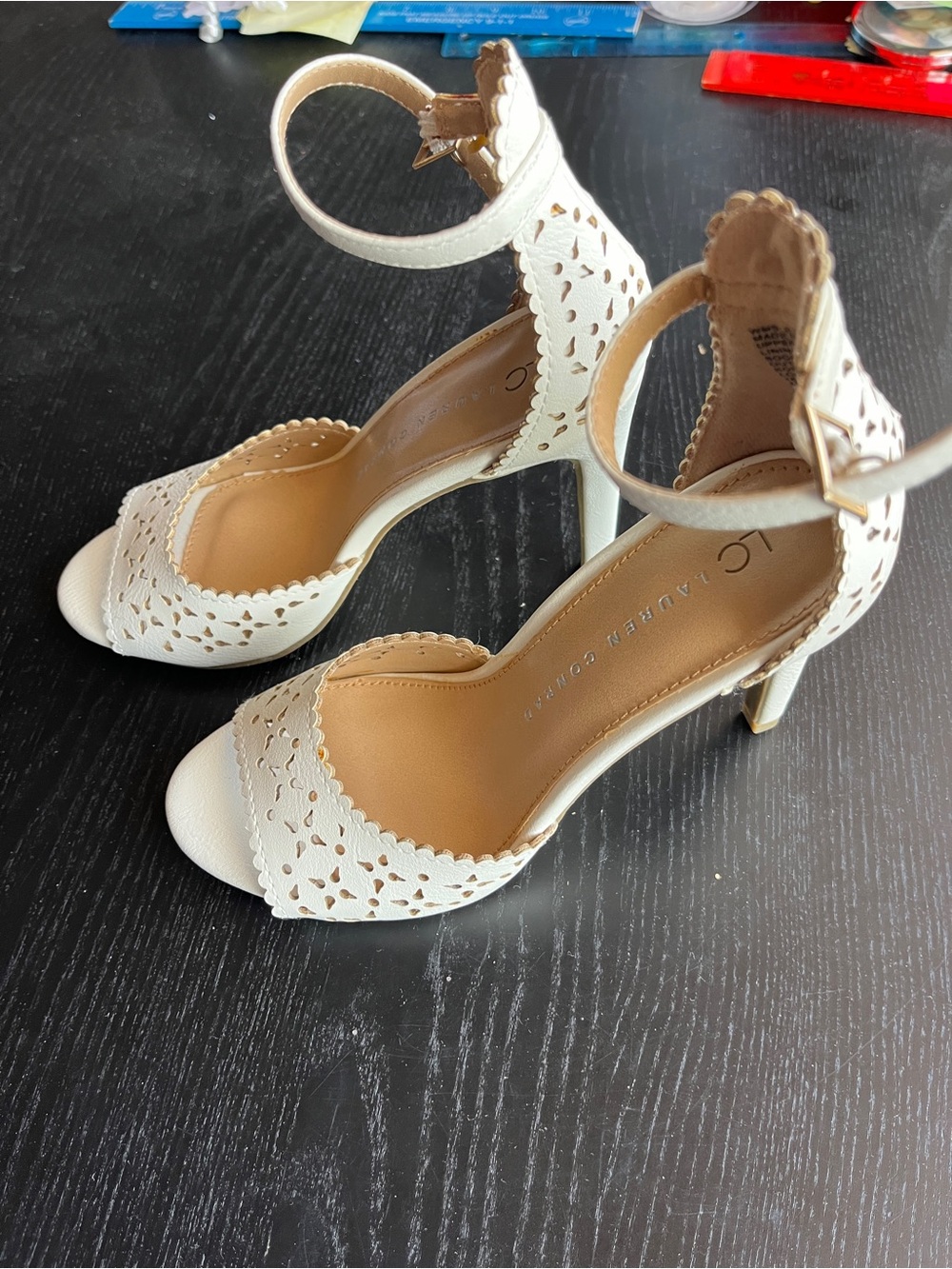LC Lauren Conrad Off White Cutout Laser Cut Ankle Strap Stiletto Heels Size 6